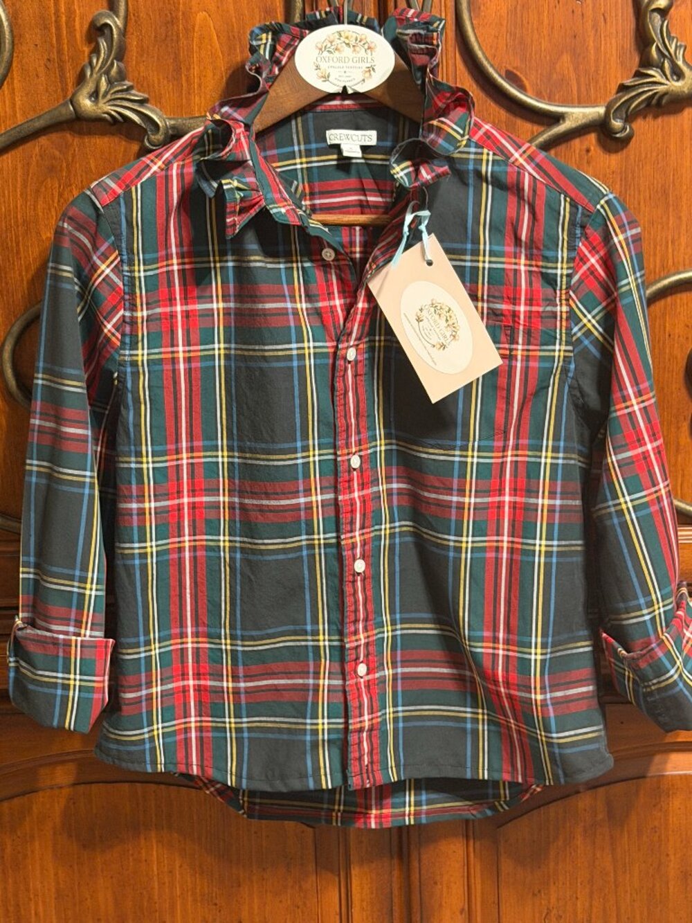 Upcycled Crewcuts Ruffle neck button down blouse / Women's S / Tartan plaid